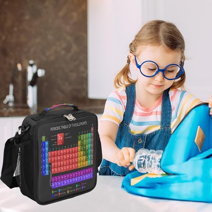Insulated Lunch Bag for Women Men Periodic Table Pattern Lunch Box for Boys Girls Meal Prep Cooler Bag with Adjustable Shoulder Strap & Side Pocket for School Work