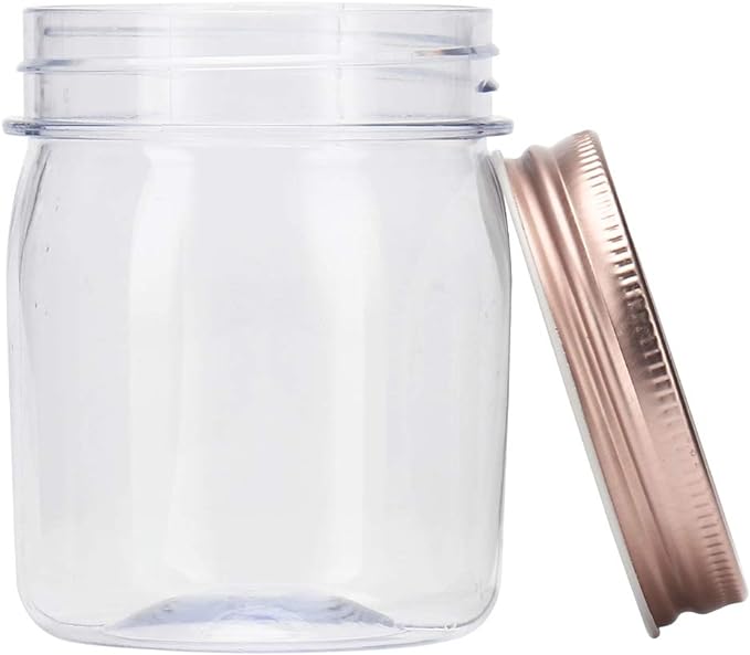 Novelinks 8 Ounce Clear Plastic Jars With Rose Gold Lids - Refillable Round Containers for Kitchen & Household Storage - BPA Free (16 Pack)