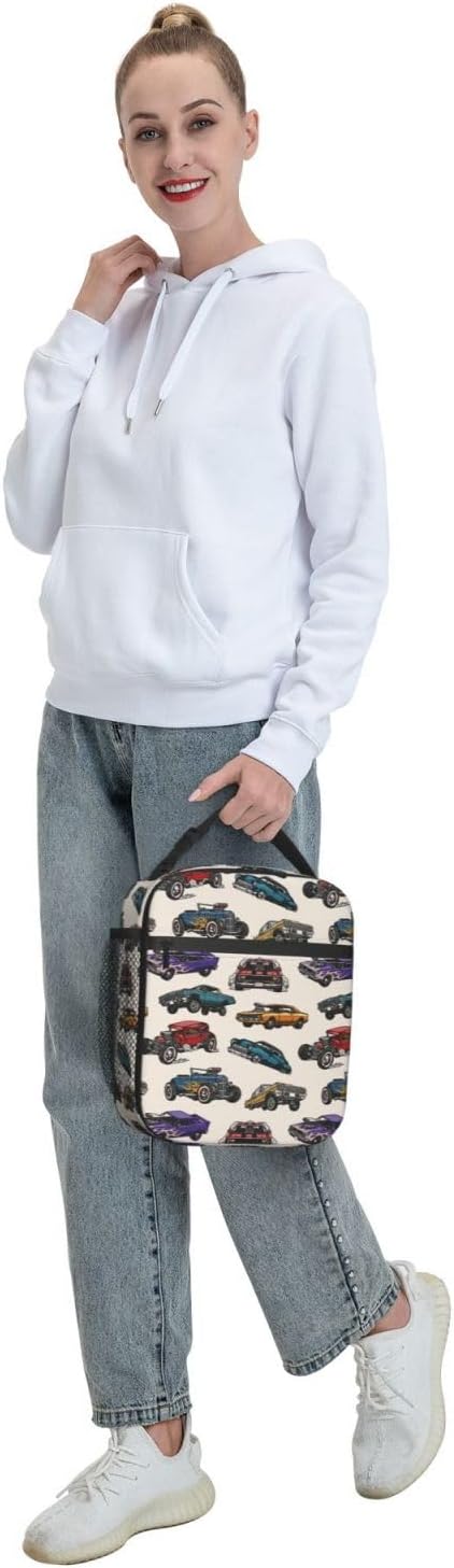 Insulated Lunch Box for Toddler Boys Kids Cars Lunch Box for Work,Picnic,School,Travel,Hiking,Beach or Fishing Polyester Cars Vintage Colorful Theme Lunch Bag