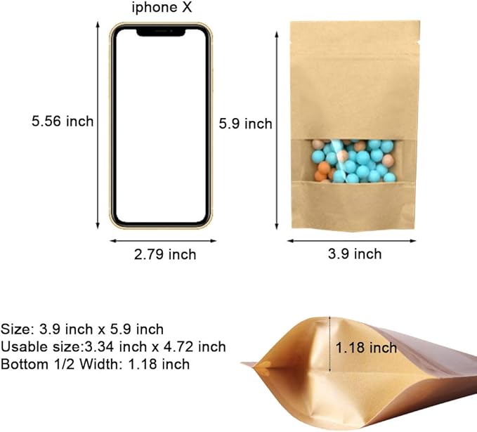 100 Pcs Resealable Stand Up kraft Paper Bags with Window for Packaging Products, Reusable Zip Lock Food Storage Pouch Bags (3.9" x 5.9")