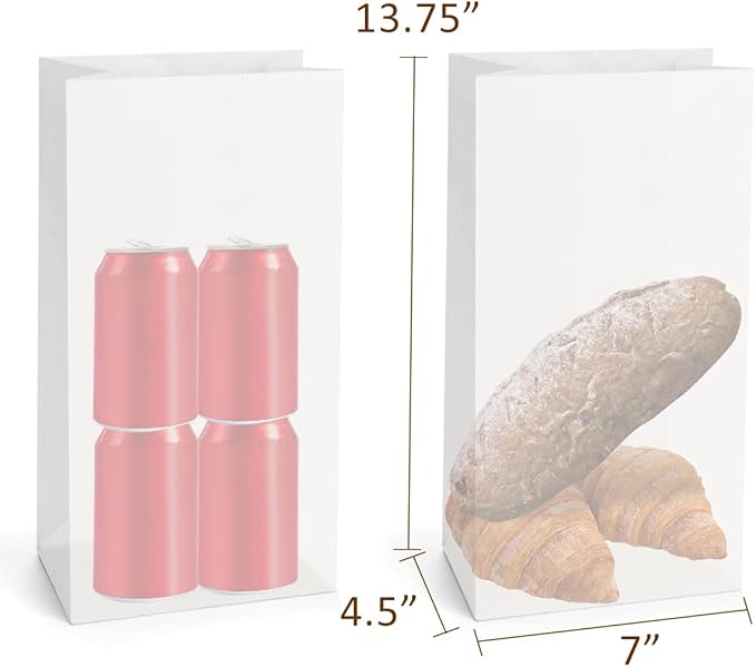 SHOPDAY 12lb Paper Lunch Bags 100 Pack 7x4.5x13.75" Kraft White Grocery Bags Bulk, Bread Sack Lunch Snack Bags
