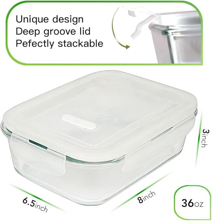 DAS TRUST [5-Packs, 36 Oz. Glass Meal Prep Containers with Locking Lids Glass Food Containers,Airtight Lunch Container,Microwave, Oven, Freezer and Dishwasher (4.5 Cup, Clear)