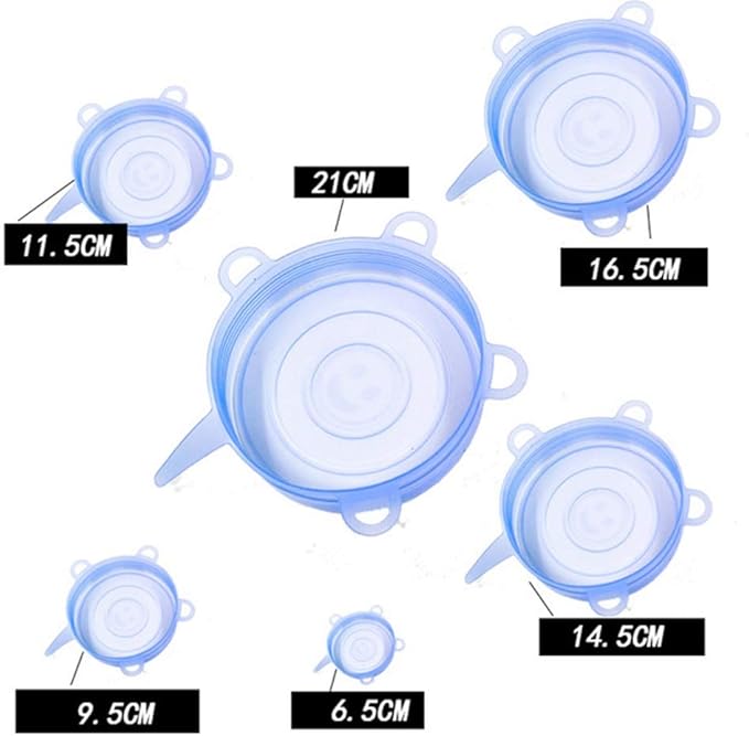 Flexible Silicone Stretch Lids Round Reusable Food Covers For Bowl Cup Dish Silicone Food Wrap Food Grade 6pcs (Blue)