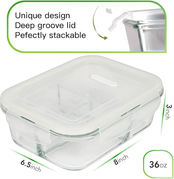 DAS TRUST [5-Pack,36 oz Glass Meal Prep Containers 3 Compartment with Lids, Glass Lunch Containers,Food Prep Lunch Box,Bento Box, Microwave, Oven, Freezer, Dishwasher (4.5 Cups, Clear)