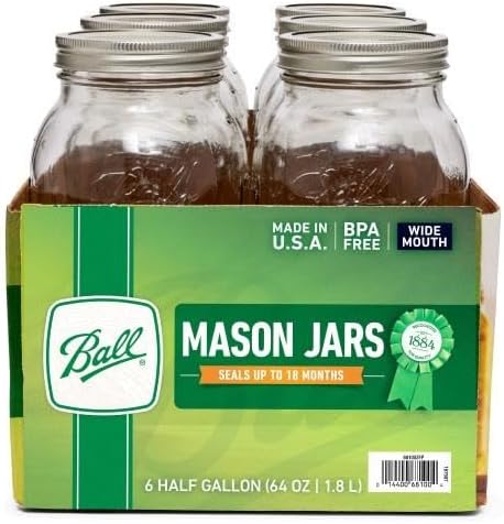 Ball Wide Mouth Glass Mason Jars with Lids and Bands, Used for Canning, Pickling, Juice, Jam, Jelly, Half Gallon Size 64 Ounce (Pack of 4)