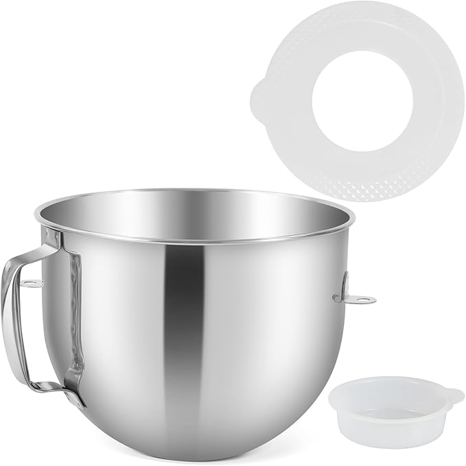 6QT Stainless Steel Mixing Bowl for KitchenAid Stand Mixers, Stainless Steel Bowl with Lid to Prevent Food Splatters, Compatible with KitchenAid 6QT Stand Mixers with Handle, Dishwasher safe