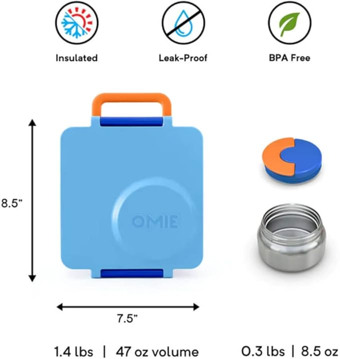 Omie OmieBox Bento Box for Kids - Insulated Lunch Box with Leak Proof Thermos Food Jar - 3 Compartments, 2 Temperature Zones (Blue Sky)