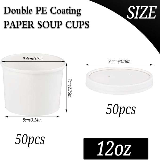 12 oz 50 Pack Soup Containers with Lids Disposable Soup Bowls, Ice Cream Containers, White Disposable Soup Cups