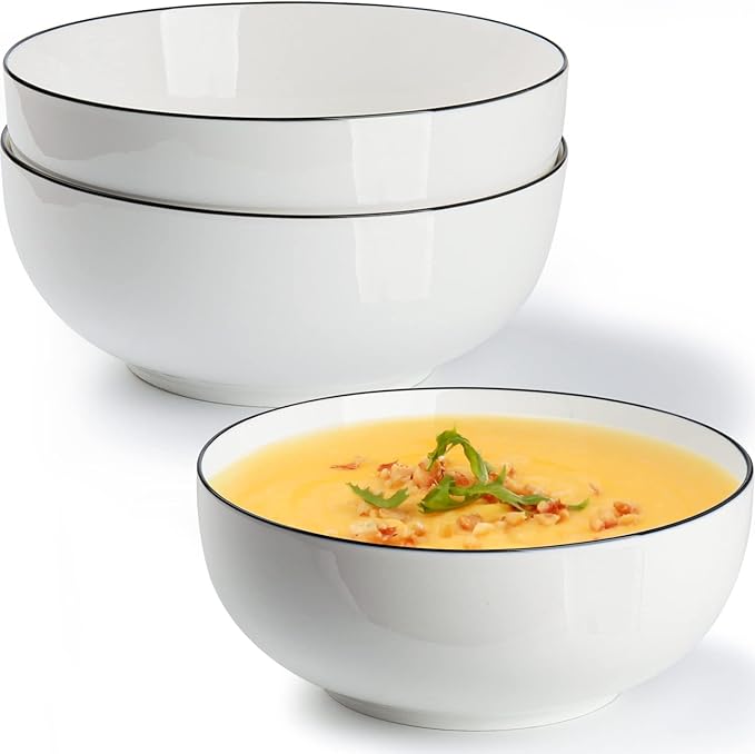 Hesen 60 oz Large Soup Bowl, Pho Bowls, Large Ramen Bowl Set of 3, 8 in Off White Porcelain Big Bowls…