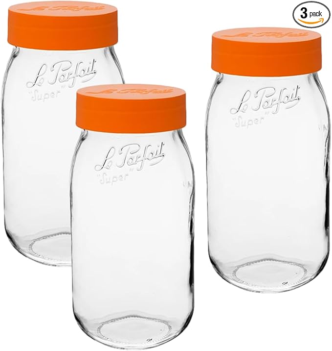 Le Parfait Screw Top Jar Wide Mouth French Glass Jar | Ideal for Food and Soup Storage, Canning, Flour, Brown Sugar, and other Baking Supplies (2L/64oz, Pack of 3, Orange)