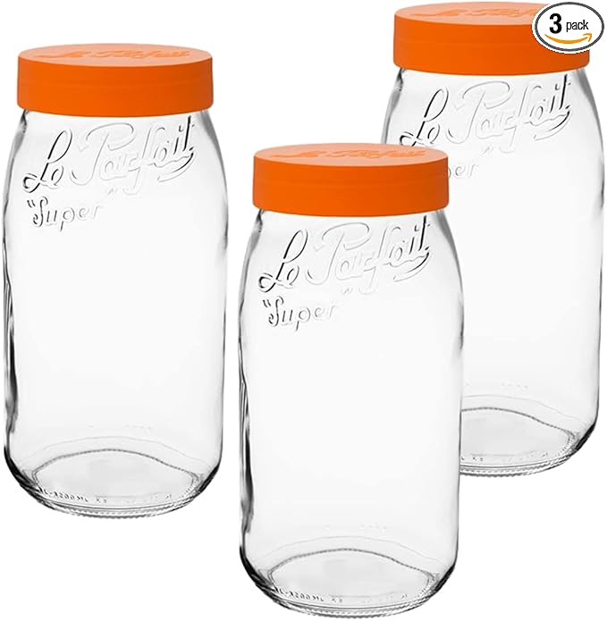 Le Parfait Screw Top Jar Wide Mouth French Glass Jar | Ideal for Food and Soup Storage, Canning, Flour, Brown Sugar, and other Baking Supplies (3L/96oz, Pack of 3, Orange)