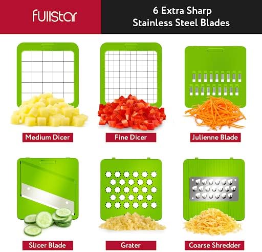 Fullstar Vegetable Chopper, Mandoline Slicer - Cheese Grater, Food Chopper with Container, Kitchen Gadgets, Home Essentials (6-in-1, Gray/Green)