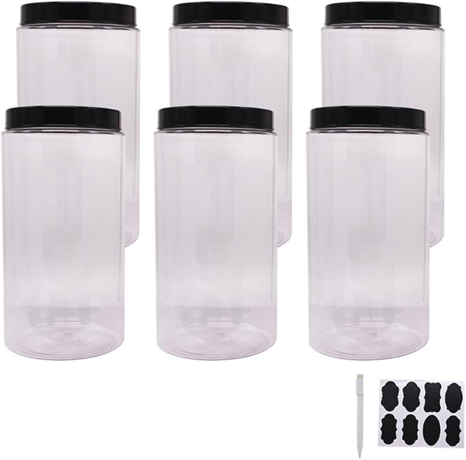 6 Pack 40 oz Plastic Jars With Lids, Extra Labels, 1 Pen, Clear PET Seal Jar for Food Storage,Wide Opening Storage jar for Dry Food, Peanut, Powder, Kitchen & Craft Storage