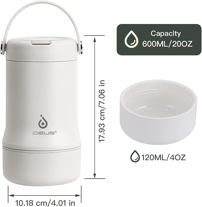Ideus 20 oz Insulated Soup Thermo with Foldable Spolk and Bowl, All-in-one Stainless Steel Vacuum Thermal Food Jar for Lunch, Leakproof Bento Lunchbox Portable Soup Container, White