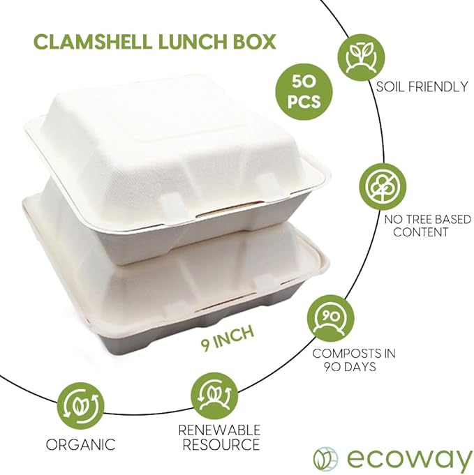 9 Inch Food Box Container Made With Bagasse Sugar Cane Fibers For Meals & Dessert, Take Away Container, Disposable, Eco-friendly, Compostable, Restaurants - Pack Of 50, White