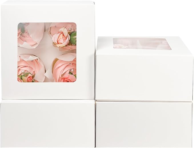 qiqee Auto-pop Up 4 Cupcake Boxes with Window White 30 Packs Cupcake Box 6.3"x6.3"x3" Bakery Boxes For Cupcakes Carrier, Cupcake Containers