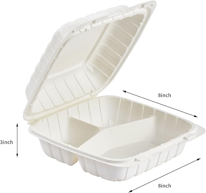 8X8 3Compartment 50Pack Plastic Clamshell Take Out Food Containers, Heavy Duty To-go Disposable Lunch Box Restaurant Meal Prep Packaging Catering Hinged Container (Formerly FULING)