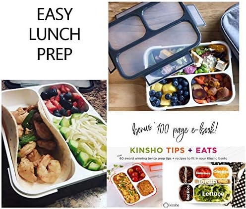 kinsho Bento Box with Insulated Lunch Bag and Ice Pack for Kids Container for Adults Snacks and Lunches. 3 Compartments, Leakproof Portion Boxes Japanese Style for School or Work, Grey - Black