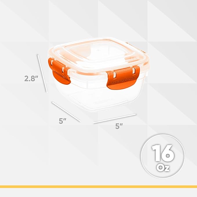 Superio Plastic Food Storage Containers with Airtight Lids, 4 Pack- 16 Oz, BPA Free, Leakproof, Stackable, Microwave, Dishwasher, Freezer Safe, Orange