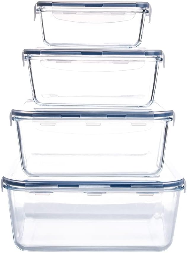 Extra Large Glass Food Storage Containers with Lids, Set-8-Piece Big Size Food Storage Box, Ideal for Storing Food, Vegetables, Fruits, Baking Cake & lot of other Tasty Food (Rectangular)