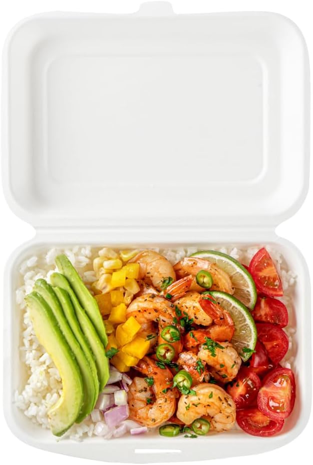 Restaurantware Pulp Safe No PFAS Added 20 Ounce Clamshell Boxes 100 Disposable Containers - Home Compostable Microwavable And Freezable White Bagasse Containers Built-In Hinged Lid