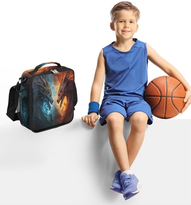 Lunch Box for Kids Boys Girls Water Fire Dragon Kids Lunch Bag Insulated Lunch Bag Tote with Adjustable Shoulder Strap Teens Lunchbox Cooler School Picnic