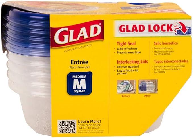 Glad Medium Square Food Storage Containers for Everyday Use | Medium Square Food Storage Containers Hold up to 25 Ounces of Food (25 Oz) |5 Count, Standard Food Containers (Pack of 4)
