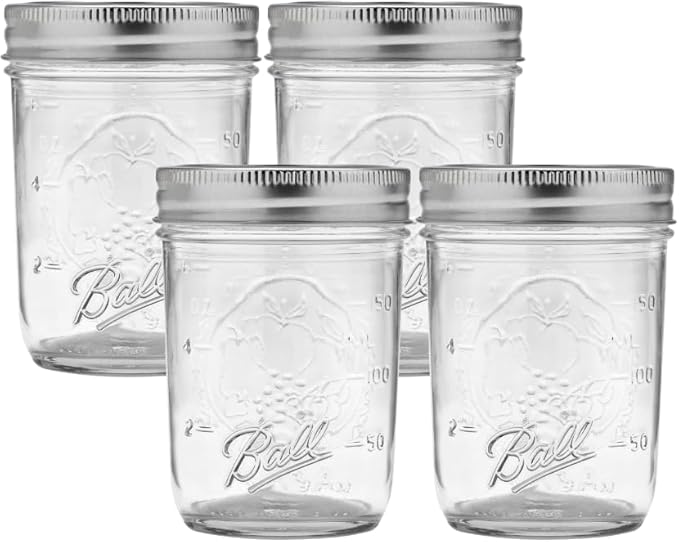 Ball Regular Mouth Glass Mason Jars with Lids and Bands, Used for Canning (Half Pint, 8 Ounce (Pack of 4))