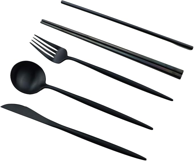 Reusable Travel Utensils, 7 Piece Portable 304 Stainless Steel including Knife Fork Spoon Chopsticks Cleaning Brush Straws Portable Pouch, Eco-friendly Camping Silverware Set, Dishwasher Safe