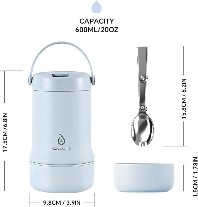 Ideus 20 oz Insulated Soup Thermo with Foldable Spolk and Bowl, All-in-one Stainless Steel Vacuum Thermal Food Jar for Lunch, Leakproof Bento Lunchbox Portable Soup Container (Light Blue)