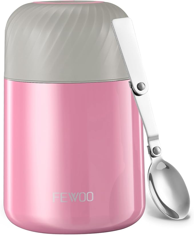 FEWOO Food Jar - 20oz Vacuum Insulated Soup Container, Stainless Steel Lunch Box for Kids Adult, with Folding Spoon for Hot or Cold Food (Pink)
