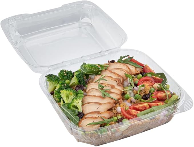 Restaurantware Thermo Tek 33.8 Ounce Clamshell Containers 100 Anti-Fog To Go Food Containers - Freezable Square Clear Plastic Food Packaging Containers Disposable