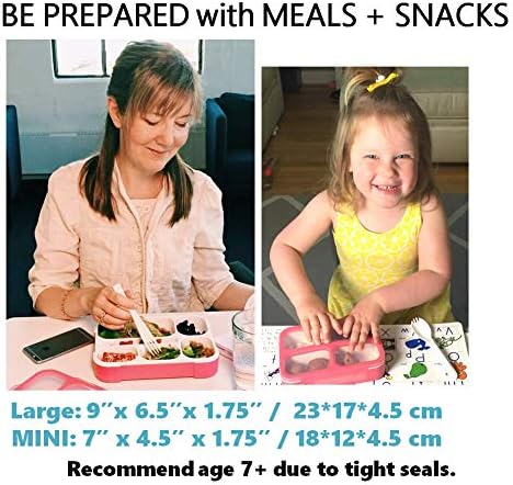 Bento Lunch Box and Snack Container Set for Kids Women | Small & Large Leakproof Boxes for Work School Daycare | Divided Portion Containers for Girls Teens Toddlers, Large and MINI, Pink 2 pack