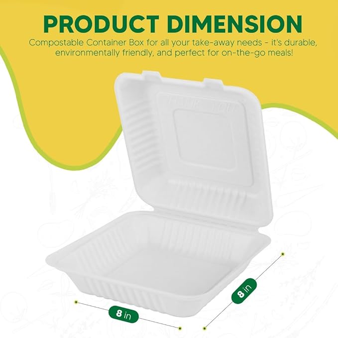 Compostable Clamshell Food Box with Lid (8x8 inch) 150-Pack | Disposable Plates | Made of Biodegradable Sugarcane Bagasse | Heavy-Duty Eco-Friendly Takeout Containers | Natural White
