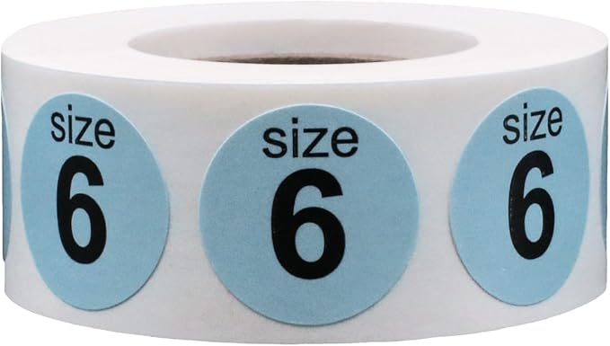 Shoe Size 6 Baby Blue Stickers for Retail Clothing – 3/4 Inch Round, 500 Semi-Gloss Adhesive Labels Per Roll for Footwear Inventory, Organization, and Display – Made in The USA