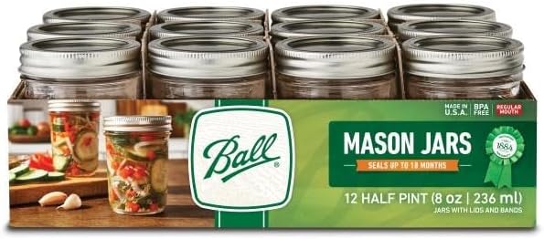 Ball Regular Mouth Glass Mason Jars with Lids and Bands, Used for Canning (Half Pint, 8 Ounce (Pack of 36))