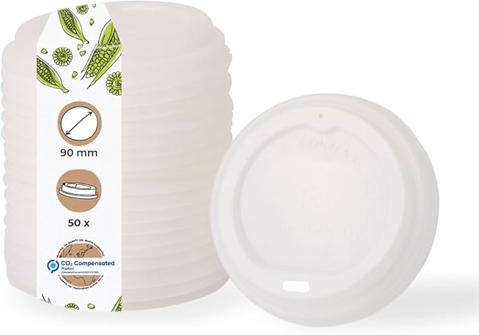 BIOZOYG Coffee Cup Lids 50 Pack White - 3.5 in Dome Lids for 10 oz, 12 oz, 16 oz Coffee Cups - Bioplastic Hot Lid