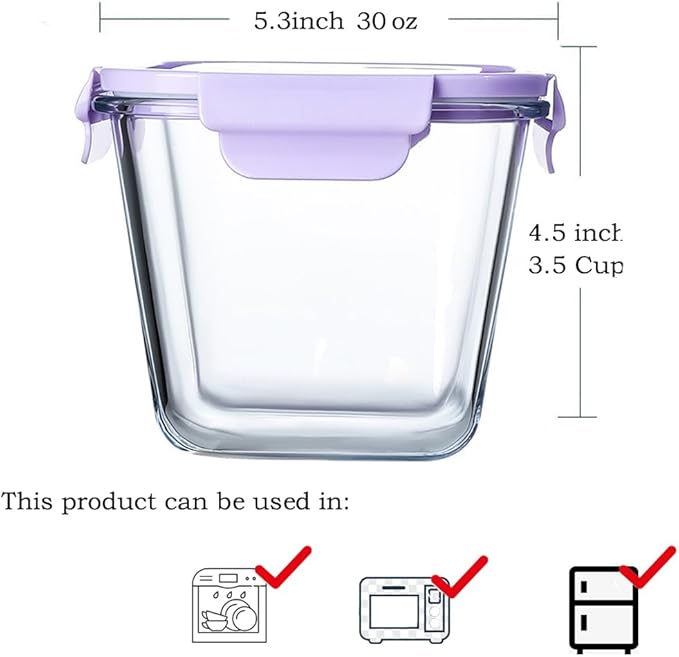 Square Glass Food Storage Container Airtight Lids, 4 Cup Glass Soup Containers with Lids, Food Storage Containers for Lunch, Leak-proof Meal Prep Container, Microwave Freezer Safe (4 Pack)