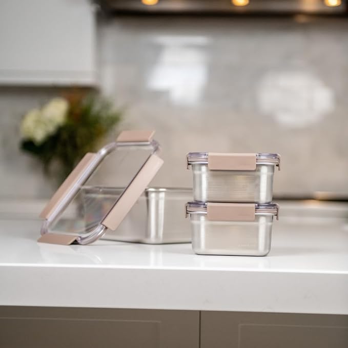 LocknLock Stainless Steel Food Storage Container - Airtight, Leak-proof, Stackable (520ml x 2/2800 ml) | Modular Design for Meal Prep, Lunch, Freezer & Dishwasher Safe