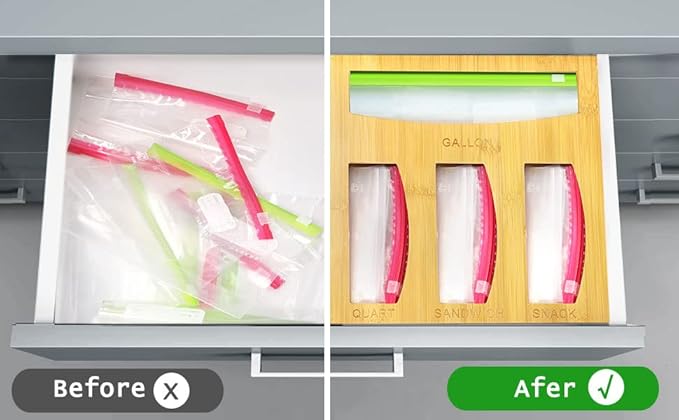 Food Bag Storage Organizer For Kitchen Drawer, Bamboo Baggie Holder,Solimo,Glad,Hefty For Gallon, Quart, Sandwich And Snack Variety Size Bags(1 Box 4 Slots) (1)