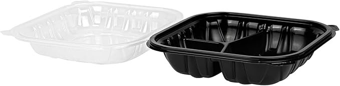 Restaurantware-Thermo Tek 34 Ounce Clamshell Containers, 50 Disposable Take Out Boxes - 3 Compartments, Ventilated Lids, Black Plastic Meal Prep Containers, Microwavable, For Pasta Or Salads