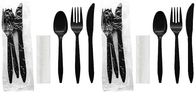 Party Essentials Individually Wrapped Plastic Cutlery Packets/Silverware Kits, Black Fork/Spoon/Knife/Napkin, 100 Sets (Pack of 2)