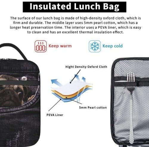 YETTA YANG Cute Funny Dog 3d Pug Portable Lunch Bag Insulated Lunch Box Reusable Totes For Women Men Work Picnic Camping