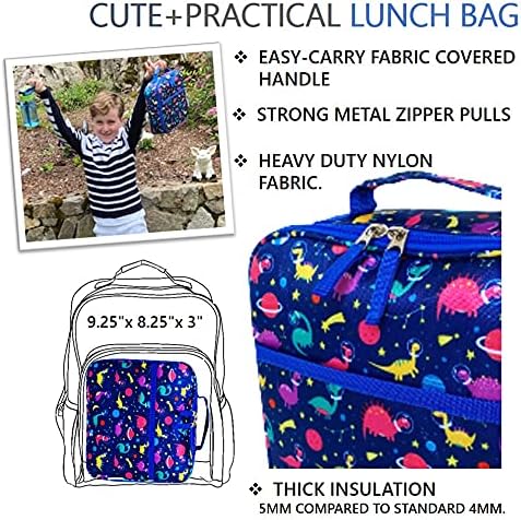 Bento Lunch Box with Bag, Water Bottle & Ice Pack Set for Kids Toddlers, 4 Portion Sections, Removable Tray, Pre-School Boy Toddler Daycare Lunches, Insulated Snack Container, Blue Space Dinosaur