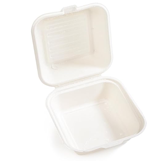 Peohud 100 Pack Compostable Clamshell Take Out Food Containers, 6 x 6 Inches Disposable To-Go Food Containers, Bagasse Bento Cake Box for Hamburger Sandwiches Chips