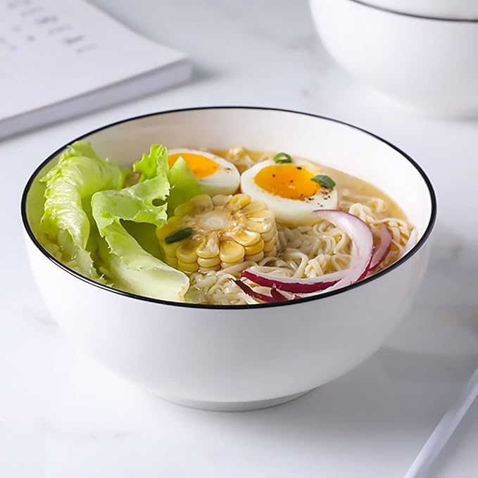 Hesen 60 oz Large Soup Bowl, Pho Bowls, Large Ramen Bowl Set of 3, 8 in Off White Porcelain Big Bowls…