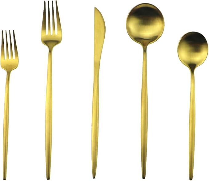 Gugrida 5-Piece 18/10 Stainless Steel Matte Gold Flatware Set - Dishwasher Safe, Perfect for Home, Office, or Travel