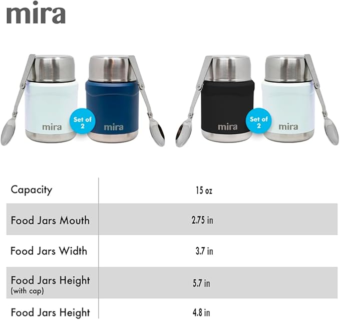 MIRA 2-Pack Food Thermos Set (15 oz) for hot and cold foods - Insulated Stainless Steel Containers with Spoons - Pearl Blue & Rose Pink