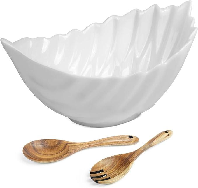 Large Salad Bowl Set, Salad Mixing Bowl for Kitchen, White Ceramic Bowl Set with Wood Salad Servers Serving Bowl for Soup, Pasta, Fruit Housewarming Mother's Day gift