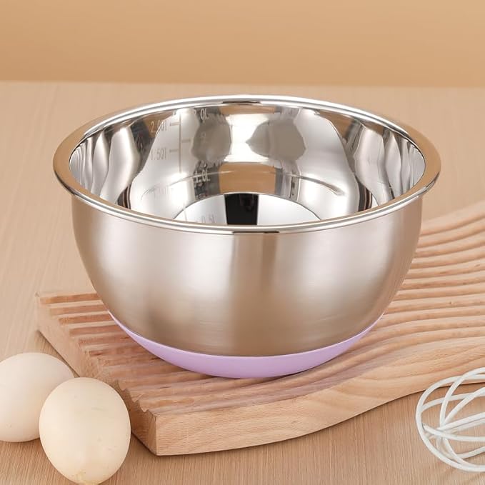 Mixing Bowl Stainless Steel with Nonslip Silicone Bottom Metal Kitchen Bowl Baking Cooking Salad Bowl Dishwasher Safe, 2QT